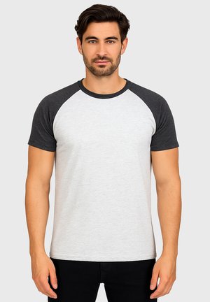 Gray and white short-sleeve t-shirt with raglan sleeves, round neckline, and a smooth texture, displayed on a male model against a plain background.