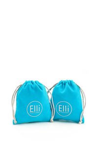 To tilfælde af turkise stof trækposer med hvid "Elli" logo og sølv snore detaljer. Poserne har en blød tekstur og en simpel form.
