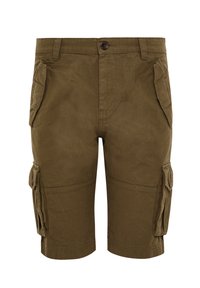 Cargo-Shorts in olivgrün, aus strapazierfähigem Stoff. Merkmale sind Seitentaschen und ein einfacher Knopfverschluss an der Taille.
