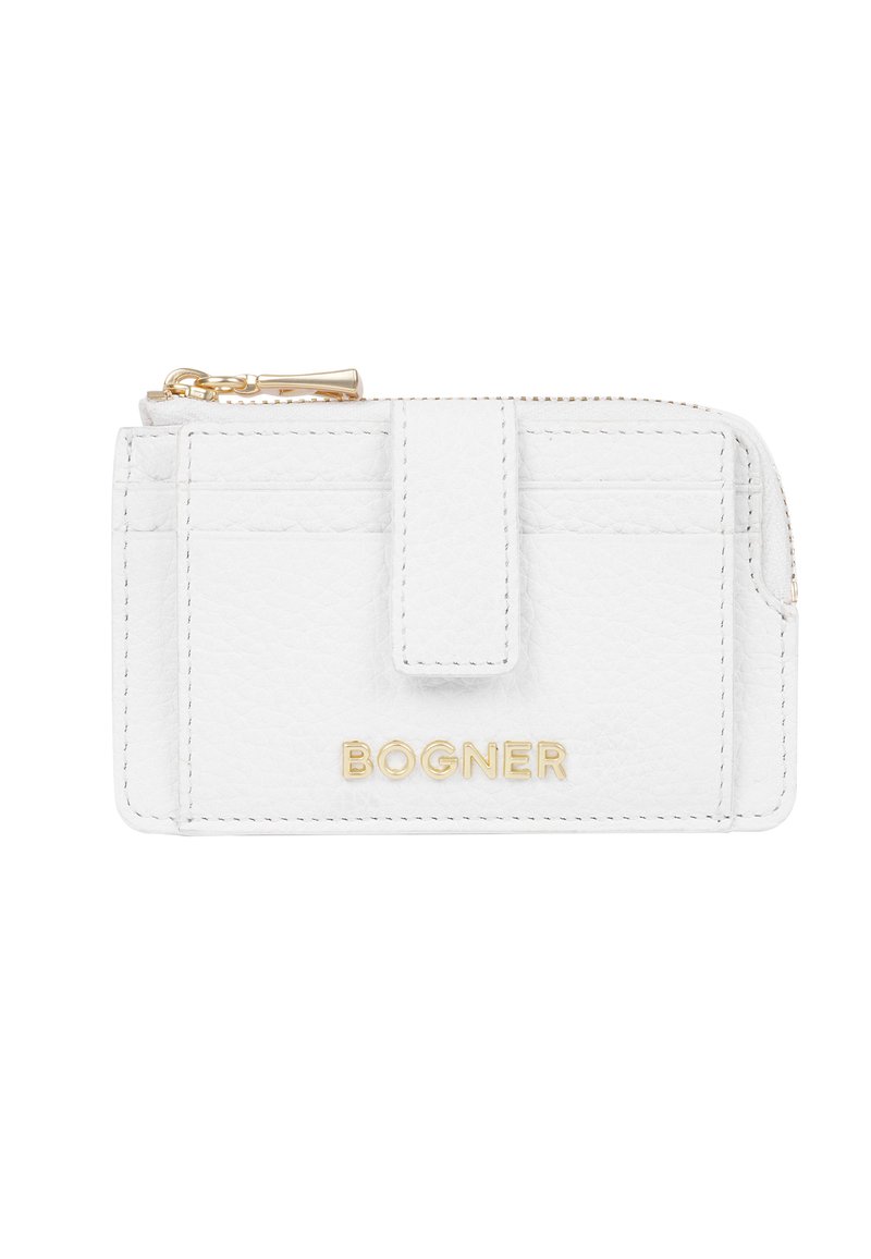 White leather wallet with gold hardware, featuring a zippered compartment, a front flap, and multiple card slots. "BOGNER" embossed at the front.