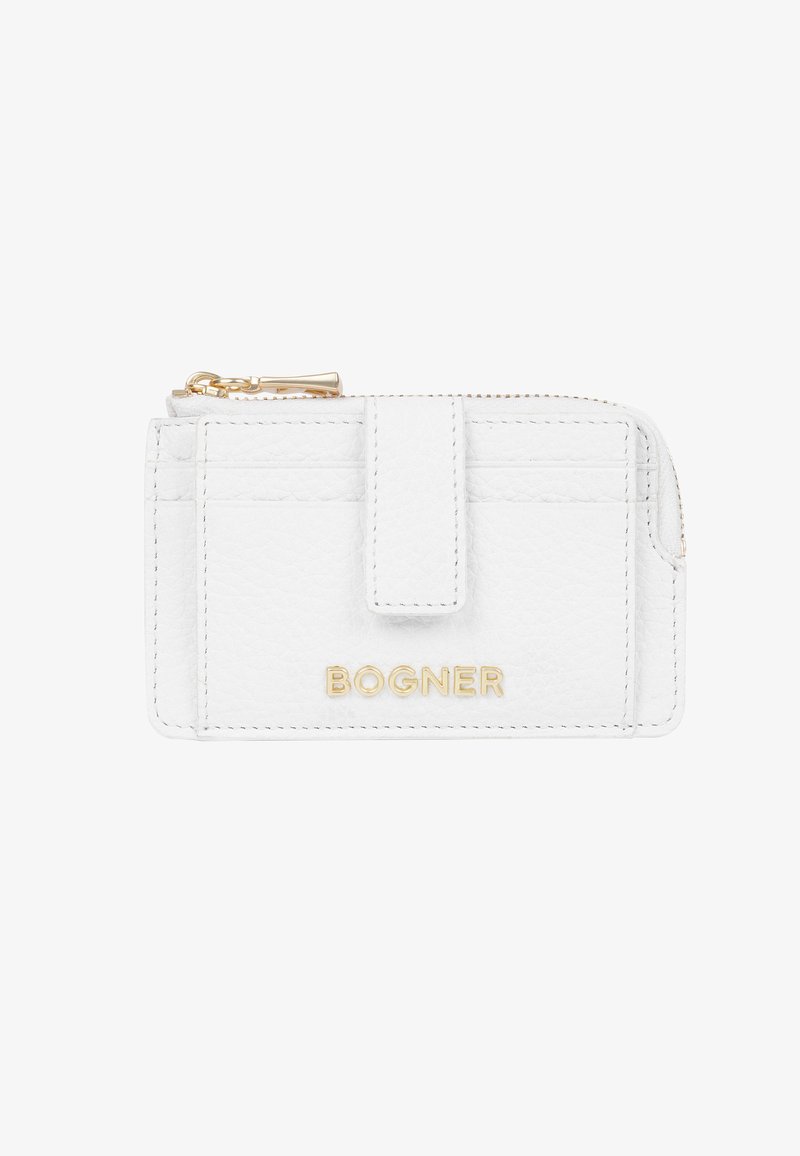 White leather wallet with gold hardware, featuring a zippered compartment, a front flap, and multiple card slots. "BOGNER" embossed at the front.