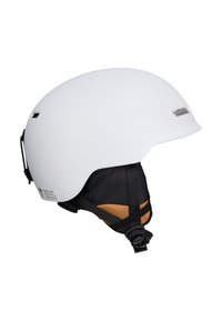 Casque de ski blanc avec une finition brillante, de forme ovale, rembourrage noir et beige, sangles réglables et aérations.
