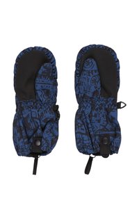 Granatowe rękawice z teksturowanym czarnym wzorem, elastycznymi mankietami i regulowanymi paskami z klamrami dla pewnego dopasowania. Miękka podszewka dla dodatkowego ciepła.