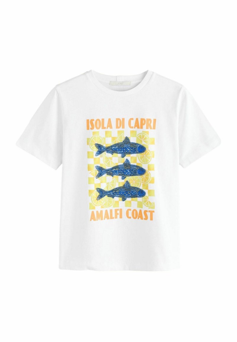 T-shirt blanc à manches courtes avec des poissons bleus sur des tranches de citron jaune et le texte « Isola di Capri Amalfi Coast » en orange.