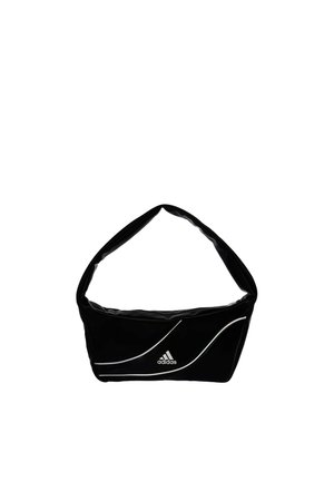 Borsa a tracolla nera Adidas con linee bianche curve e logo Adidas sul davanti, con una singola tracolla larga per il trasporto.