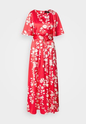 Rotes Maxi-Kleid aus Satinstoff mit floralem Muster. Hat einen runden Ausschnitt, kurze Ärmel und einen Stoffgürtel, der mit weißen Blättern verziert ist.
