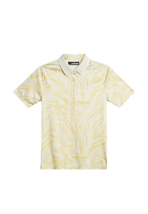 Poloshirt in hellem Gelb mit abstraktem Wirbelmuster, kurzen Ärmeln und weißem Kragen. Hergestellt aus glattem, atmungsaktivem Stoff.