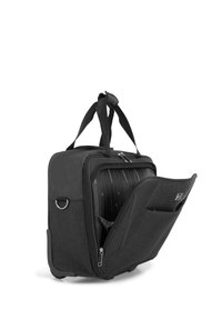 Borsa per laptop nera con superficie texturizzata, chiusure a zip e due manici superiori. Include una tasca esterna e un interno foderato in tessuto.