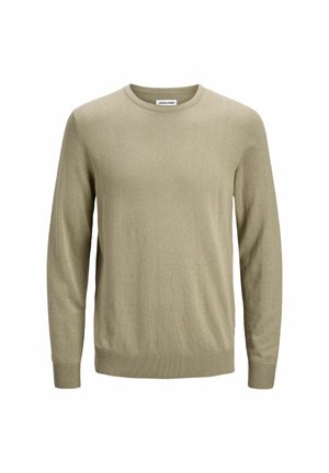 Maglione verde oliva chiaro realizzato in tessuto morbido, con maniche lunghe, collo rotondo e polsini e orlo a costine. Design semplice e privo di decorazioni.