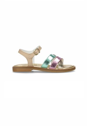 Multikleurige sandalen met een beigekleurige band en metalen accenten in groen, roze en zilver. Inclusief een gesp en een platte beigekleurige zool.
