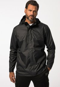 Black waterproof jacket featuring a hood, zippered front, and long sleeves. Styled with a sleek, smooth texture and minimalistic design accents.