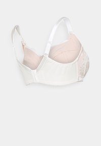 Sutiã com aros em branco e nude, apresentando detalhes em renda, alças ajustáveis e um acabamento em tecido suave com uma forma curvada.
