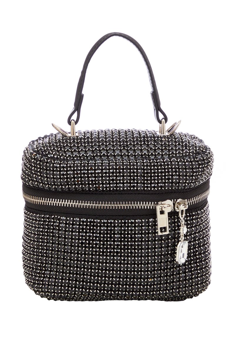 Borsa a mano nera in perline con cerniera, dotata di un manico robusto e accessori decorativi in argento. Superficie texturizzata con accenti scintillanti.