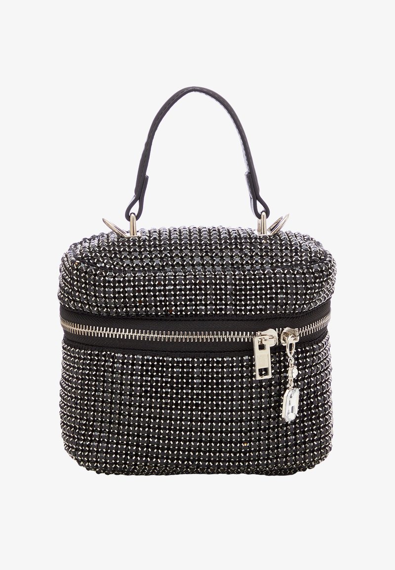 Sac à main en perles noires avec une fermeture éclair, doté d'une poignée robuste et d'une quincaillerie décorative en argent. Surface texturée avec des accents scintillants.