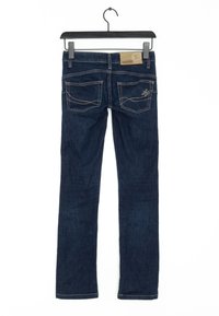 Jeans in denim blu scuro con taglio dritto, dotati di due tasche posteriori con ricami e una toppa in pelle sulla vita.