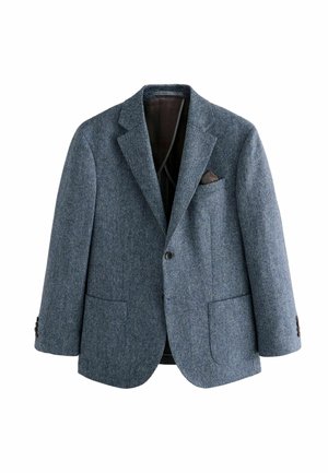 Mėlynas tweed švarkas su įpjovomis apykaklėmis, vieno mygtuko uždarymu, dviem priekinėmis kišenėmis ir rudos spalvos kišeniniu nosinuku. Tekstūruotas audinys.