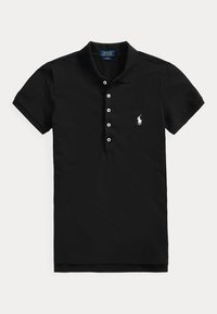 Czarna koszulka Polo Ralph Lauren z krótkim rękawem, kołnierzykiem, pięcioma białymi guzikami i małym białym logo konia na lewej piersi.