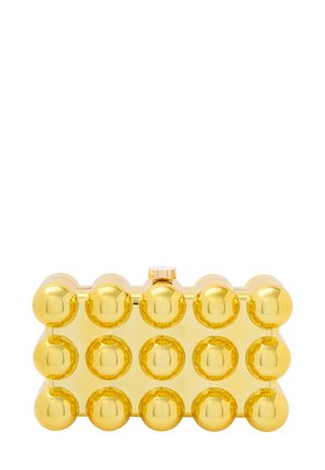 Guld clutch taske med et rektangulært design og afrundede detaljer, glat tekstur og toplukning. Refleksiv overflade forbedrer det visuelle udtryk.