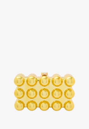 Arany színű, téglalap alakú táska lekerekített díszítéssel, sima felülettel és felső záródással. A fényes felület fokozza a vizuális vonzerőt.