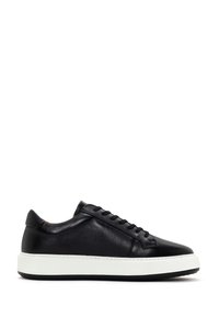 Black leather sneaker with a smooth finish, white rubber sole, and traditional lace-up design. Features minimalistic stitching accents.