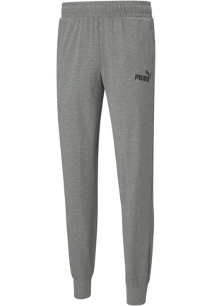 Graue Sweatpants aus weichem, atmungsaktivem Material mit einem elastischen Bund und Bündchen, ausgestattet mit einem schwarzen Puma-Logo am linken Bein.