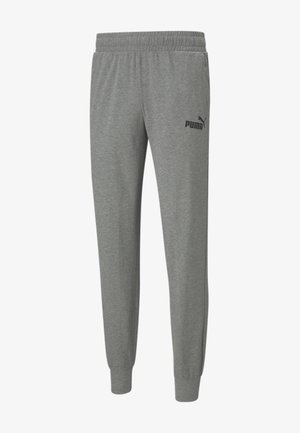 Graue Sweatpants aus weichem, atmungsaktivem Material mit einem elastischen Bund und Bündchen, ausgestattet mit einem schwarzen Puma-Logo am linken Bein.