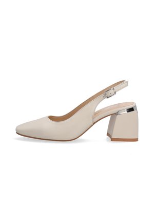 Beige slingback high-heel shoe with a pointed toe, smooth leather upper, adjustable ankle strap, and a block heel with silver accent.
