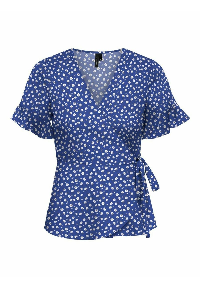 Blouse portefeuille bleue avec manches courtes à volants, ornée d'un imprimé floral blanc. Elle présente un col en V et une fermeture à nouer à la taille.