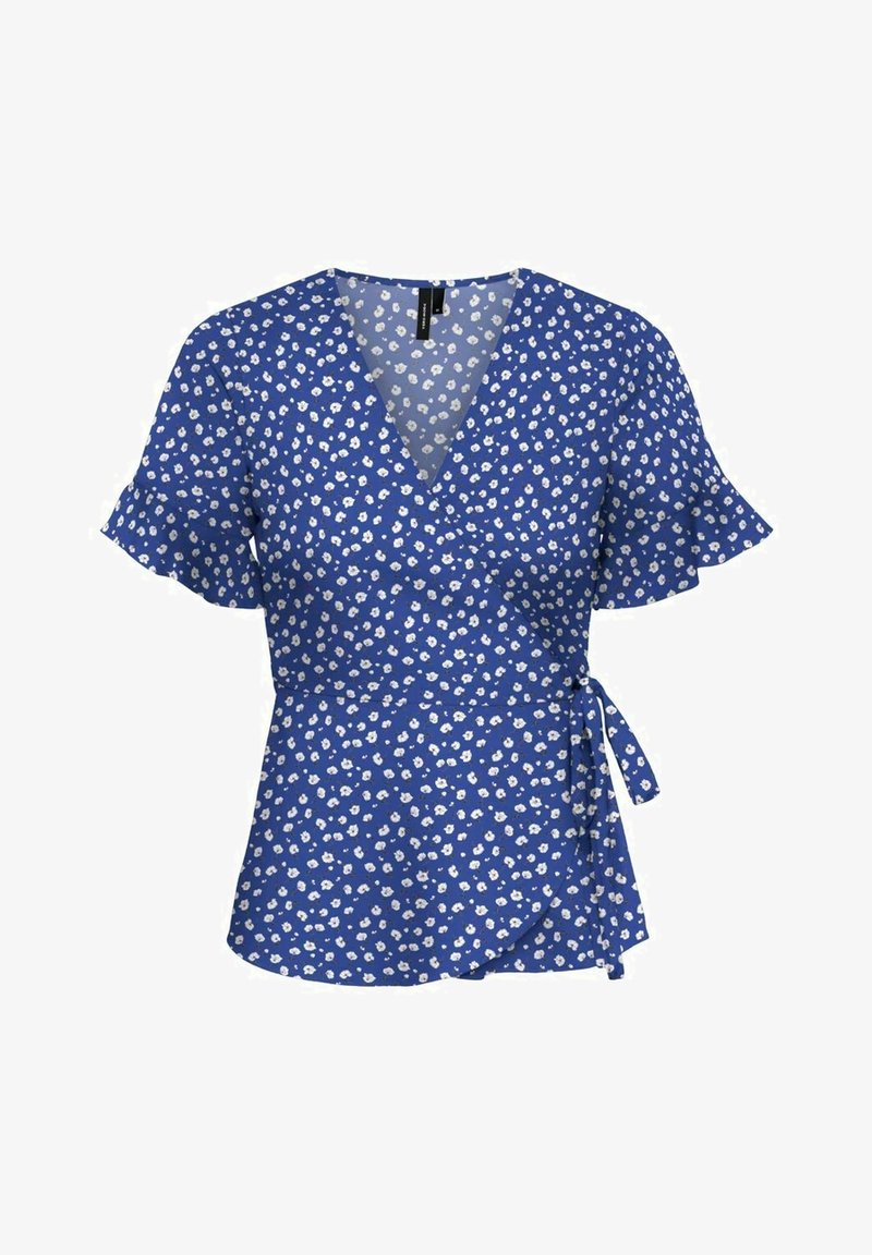 Blouse portefeuille bleue avec manches courtes à volants, ornée d'un imprimé floral blanc. Elle présente un col en V et une fermeture à nouer à la taille.