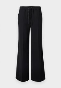 Pantaloni negri cu croială largă, talie elastică și șnur ajustabil. Material fin, cu fante laterale pentru o ventilație sporită. Design simplu și minimalist.