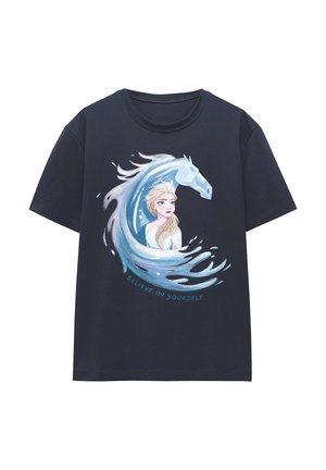 Navy cotton t-shirt featuring a graphic of a female figure surrounded by a swirling icy water and a horse head, text reads "BELIEVE IN YOURSELF."