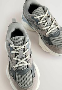 Szare buty sportowe z siateczką i zamszowymi teksturami, białymi sznurówkami i gumowymi podeszwami. Posiadają wyprofilowaną konstrukcję i warstwowe akcenty.