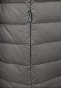 Gilet matelassé gris avec des sections verticales quiltées, doté d'une fermeture éclair centrale et d'une finition lisse et mate. Design léger et isolé.