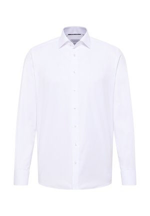Hvid langærmet skjorte i et enkelt design, med en spids krave og knaplukning, lavet af glat, let stof.