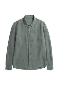 Camicia a maniche lunghe in lino verde smorzato, con colletto classico, bottoni marroni e un delicato logo ricamato sul lato sinistro del petto.