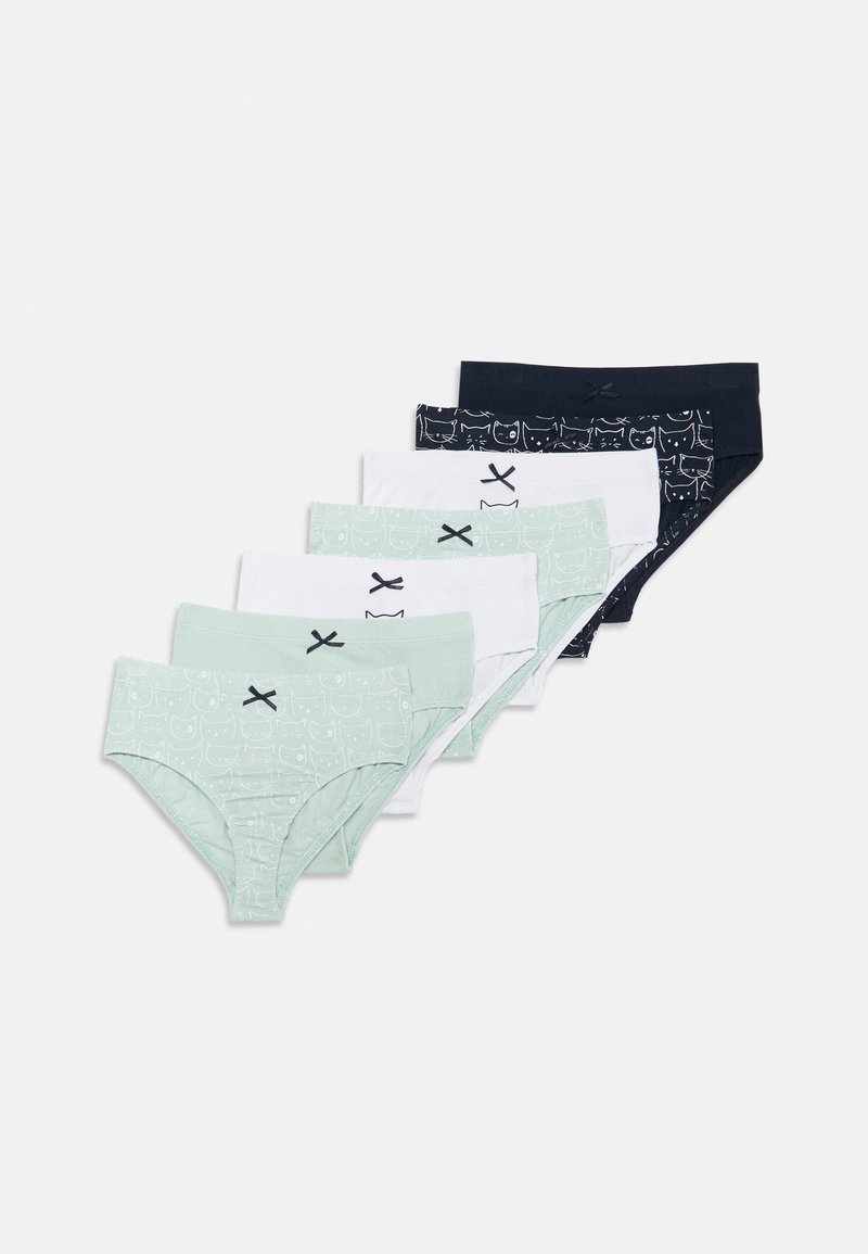 Set di sei mutande in verde, bianco e blu navy. Presenta motivi con gatti, fasce elastiche in vita con fiocchi e un materiale di cotone morbido.