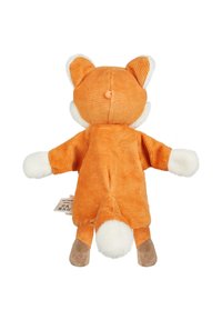 Orange corduroy plush toy fox with white accents on ears, paws, and tail tip; features a rounded body and soft texture.