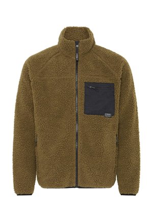 Olive green fleece jacket with full front zipper, high collar, black zippered chest pocket, and side zip pockets.