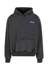 Dunkelgrauer Hoodie aus weichem Stoff. Verfügt über eine Kängurutasche, gerippte Bündchen und ein kleines rosa Grafiklogo auf der Brust.