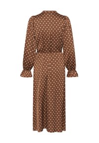 Rjava obleka z belimi pikami, dolgimi rokavi, nabranimi manšetami, ovratnikom in pasom za zavezovanje. Gladek material s tekočim dizajnom srednje dolžine.