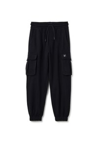 Schwarze Cargo-Hosen aus weichem Stoff, mit einem elastischen Bund, Kordelzug, Seitentaschen und zwei Cargo-Taschen mit Klappen.