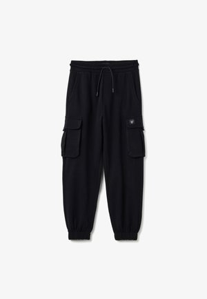 Schwarze Cargo-Hosen aus weichem Stoff, mit einem elastischen Bund, Kordelzug, Seitentaschen und zwei Cargo-Taschen mit Klappen.