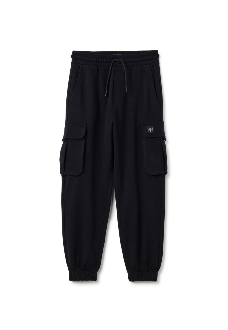 Schwarze Cargo-Hosen aus weichem Stoff, mit einem elastischen Bund, Kordelzug, Seitentaschen und zwei Cargo-Taschen mit Klappen.