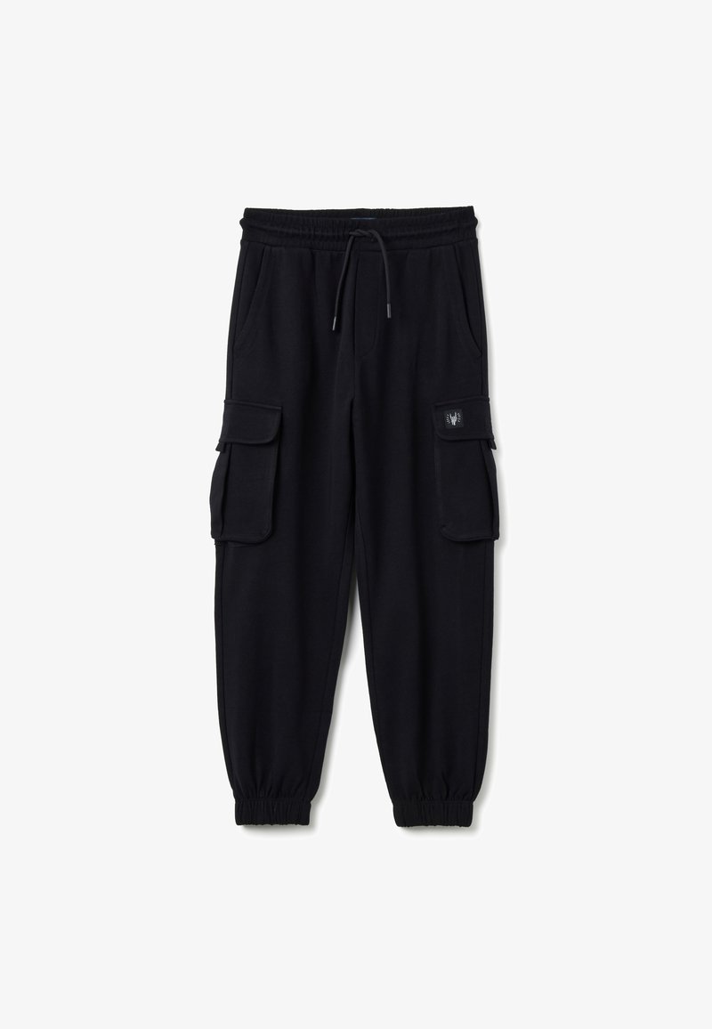 Schwarze Cargo-Hosen aus weichem Stoff, mit einem elastischen Bund, Kordelzug, Seitentaschen und zwei Cargo-Taschen mit Klappen.