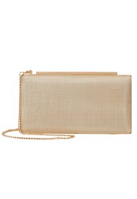 Borsa da sera dorata con texture intrecciata, forma rettangolare, chiusura metallica e tracolla removibile. Finitura superficiale liscia.