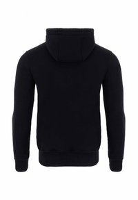 Czarna, kapturowa bluza z miękką teksturą, o standardowym kroju, z prążkowanymi mankietami i pasem, zaprezentowana od tyłu.