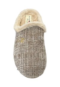 Grijze textiele slipper met een zachte, faux fur voering, een gestructureerd geweven patroon en gouden geborduurde initialen op de bovenkant.
