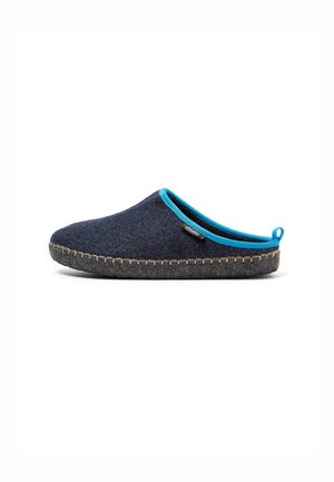 Wool felt slipper in dark blue with a light blue fabric trim, rounded shape, textured surface, and a stitched grey rubber sole.