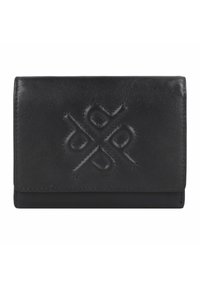 Portafoglio in pelle nera con design pieghevole, caratterizzato da dettagli del logo impresso sulla parte anteriore e cuciture in contrasto lungo i bordi.