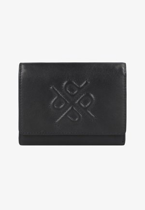 Schwarzes Lederportemonnaie mit gefaltetem Design, das eine geprägte Logo-Detailierung auf der Vorderseite und kontrastierende Nähte entlang der Kanten aufweist.